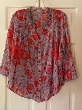 Soft Surroundings Blue Coral Floral Button Up Shirt Blouse Top L Boho Weekend
